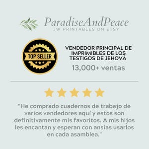 K&ouml;nnte beinhalten: Eine digitale Grafik mit dem Text ParadiseAndPeace JW PRINTABLES ON ETSY, einem schwarz-goldenen Top-Seller-Abzeichen, dem Text VENDEDOR PRINCIPAL DE IMPRIMIBLES DE LOS TESTIGOS DE JEHOV&Aacute; 13,000+ ventas, f&uuml;nf gelben Sternen und einer Kundenbewertung auf Spanisch.