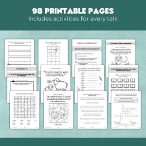 May include: A collection of 98 printable activity pages featuring black and white worksheets, coloring sheets, word searches, and crossword puzzles with religious themes, scripture verses, and illustrations of animals and biblical figures.