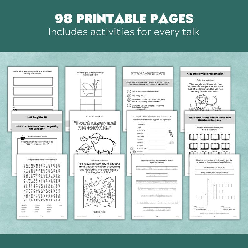 May include: A collection of 98 printable activity pages featuring black and white worksheets, coloring sheets, word searches, and crossword puzzles with religious themes, scripture verses, and illustrations of animals and biblical figures.