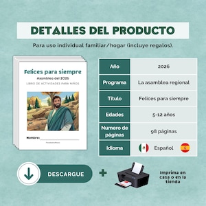 K&ouml;nnte beinhalten: Ein digitales Aktivit&auml;tsbuch f&uuml;r Kinder mit dem Titel Felices para siempre, das ein Titelbild eines Mannes in einer Landschaft zeigt. Die Produktdetails f&uuml;hren das Jahr 2026, 98 Seiten und die spanische Sprache auf. Enth&auml;lt ein Download-Symbol.