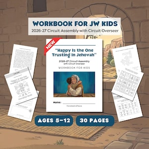 Könnte beinhalten: Ein Arbeitsheft für JW-Kinder mit dem Titel Happy Is the One Trusting In Jehovah für den Kreiskongress 2026-27 mit dem Kreisaufseher. Das Titelblatt zeigt eine Illustration einer Person, die ein Kind umarmt. Enthält Übungsseiten.