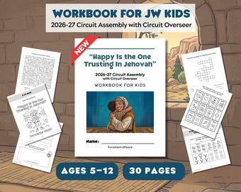 Op de afbeelding: Een werkboek voor JW-kinderen getiteld Happy Is the One Trusting In Jehovah voor de kringvergadering 2026-27 met de kringopziener. De omslag bevat een illustratie van een persoon die een kind omhelst. Bevat activiteiten voor kinderen.
