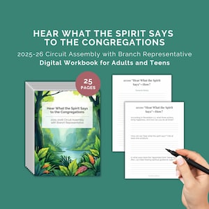 Op de afbeelding: Digitale werkboek getiteld "Hoor wat de Geest zegt tot de Gemeenten" voor de Circuitvergadering 2025-2026. De omslag toont een landschapsillustratie. Het werkboek heeft 25 pagina's en bevat invulpagina's.