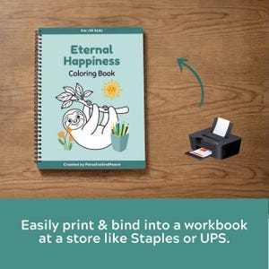 May include: A spiral-bound coloring book with a light blue cover featuring a sloth illustration, a yellow sun, and the text Eternal Happiness Coloring Book, For JW Kids, and Created by ParadiseAndPeace, alongside a black printer icon.