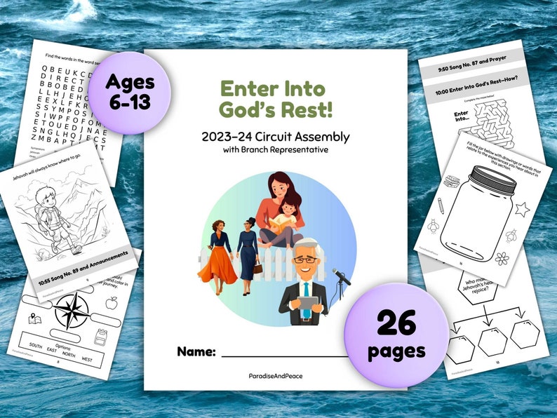 JW Kids Ages 6-13 Enter Into God's Rest 26 Page Activity Workbook 2023 Circuit Assembly Printable Worksheets for Jehovah's Witness image 1