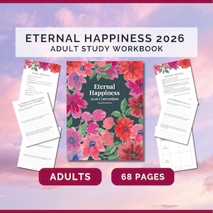 May include: An adult study workbook titled Eternal Happiness 2026 Convention with a dark green cover featuring red, pink, and purple watercolor flowers. The set includes interior pages with printed text, lined writing sections, and a 68-page count.