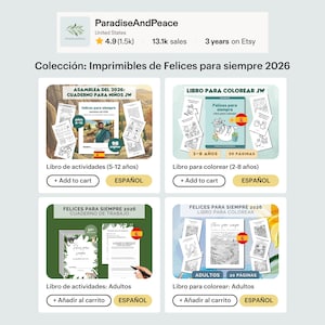 May include: A digital collection of printable activity and coloring books titled Felices para siempre 2026, featuring four distinct sets for children and adults with various page counts, illustrated covers, and internal activity sheets in Spanish.