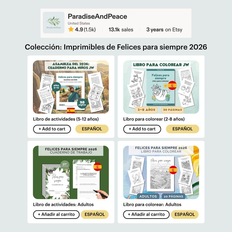 May include: A digital collection of printable activity and coloring books titled Felices para siempre 2026, featuring four distinct sets for children and adults with various page counts, illustrated covers, and internal activity sheets in Spanish.