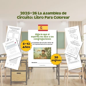 Op de afbeelding: Een kleurboek in het Spaans met de titel "2025-26 Circuit Assembly: Kleurboek". Het boek bevat illustraties, puzzels en tekst, waaronder de zin "Luister naar wat de geest tegen de gemeenten zegt". Geschikt voor kinderen van 5-12 jaar.