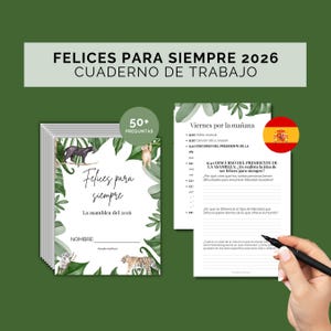 May include: A stack of workbooks with the text "FELICES PARA SIEMPRE 2026 CUADERNO DE TRABAJO" and "50+ PREGUNTAS". The cover features jungle-themed illustrations and the words "Felices para siempre" and "La asamblea del 2026".