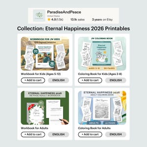 May include: A collection of Eternal Happiness 2026 printable workbooks and coloring books for kids and adults. The set includes four distinct digital products with covers and sample pages, featuring text labels for age groups, page counts, and language options.