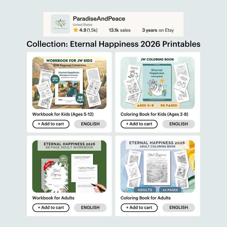 May include: A collection of Eternal Happiness 2026 printable workbooks and coloring books for kids and adults. The set includes four distinct digital products with covers and sample pages, featuring text labels for age groups, page counts, and language options.