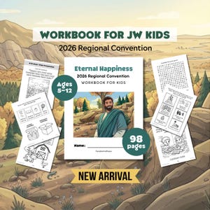 Peut inclure: Un cahier d'exercices pour enfants intitulé "Eternal Happiness" pour la Convention Régionale 2026. La couverture présente une illustration d'un homme en robe bleue. Le cahier de travail compte 98 pages et est destiné aux enfants de 5 à 12 ans. "New Arrival" est visible.