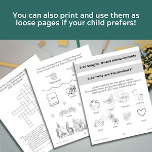 May include: Three white activity sheets with black text and line art illustrations. The pages feature a crossword puzzle, a matching activity with a net and Bible, and a coloring page titled 3:20 Song No. 81 and Announcements with Matthew 6:19-33.