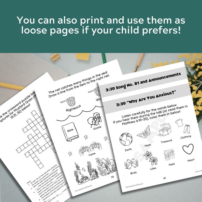 May include: Three white activity sheets with black text and line art illustrations. The pages feature a crossword puzzle, a matching activity with a net and Bible, and a coloring page titled 3:20 Song No. 81 and Announcements with Matthew 6:19-33.