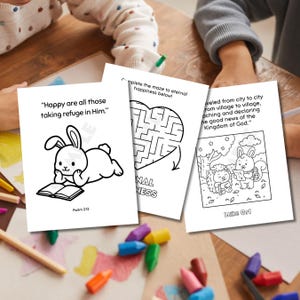 May include: Three white coloring pages featuring black line art. One shows a rabbit reading with the text "Happy are all those taking refuge in Him." Psalm 2:12. Another has a heart-shaped maze. The third shows a rabbit and hedgehog with the text "traveled from city to city from village to village, teaching and declaring the good news of the Kingdom of God." Luke 8:1.