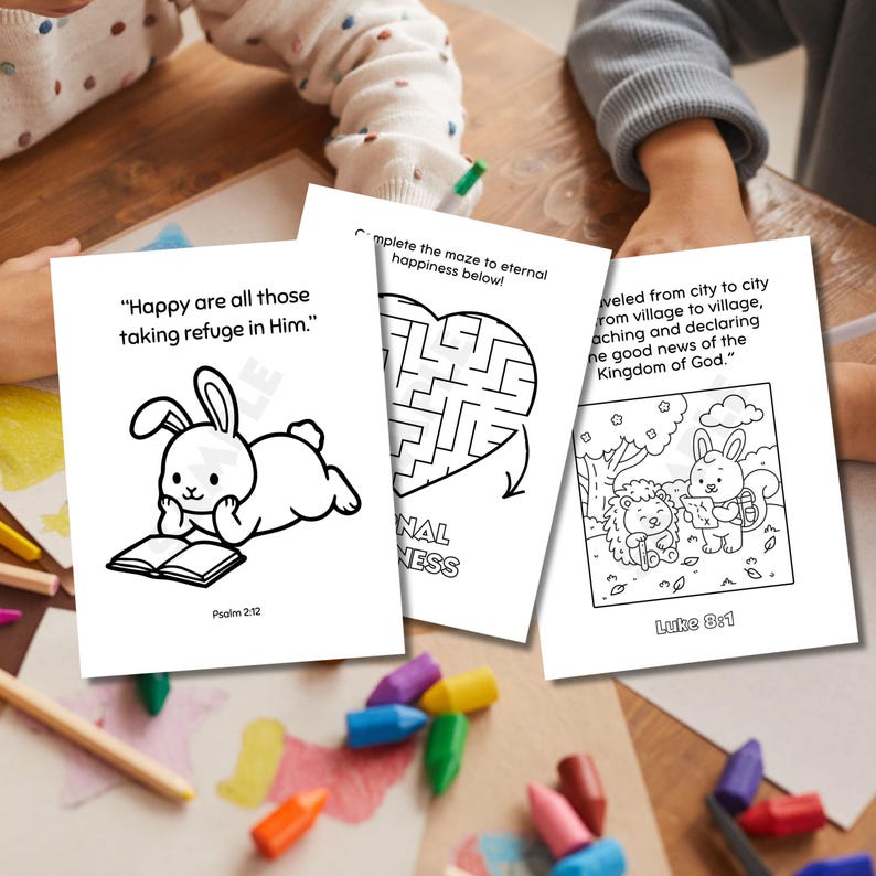 May include: Three white coloring pages featuring black line art. One shows a rabbit reading with the text "Happy are all those taking refuge in Him." Psalm 2:12. Another has a heart-shaped maze. The third shows a rabbit and hedgehog with the text "traveled from city to city from village to village, teaching and declaring the good news of the Kingdom of God." Luke 8:1.