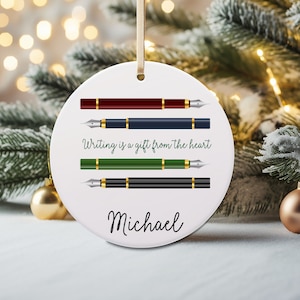 Fountain pen personalized writer’s Christmas ornament, Custom writer gift, Ceramic ornament  for author journalist poet, Literary gift