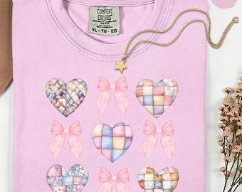 Watercolor Patchwork Hearts Coquette Bows T-shirt, Comfort Colors Valentines Day Tee