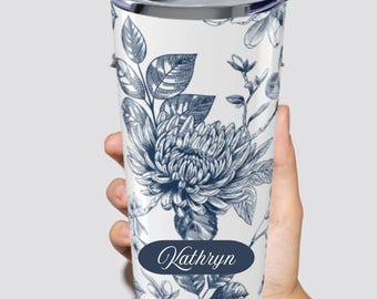 Personalized Chinoiserie Floral Tumbler 20 oz., Insulated Flower Travel Mug, French Toile De Jouy Design Cup, Vintage Aesthetic Drinkware