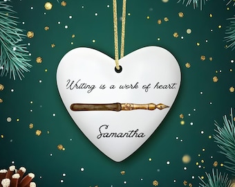 Personalized Fountain pen writer’s Christmas ornament, Custom Writing gift, Ceramic ornament for author journalist poet, Literary present
