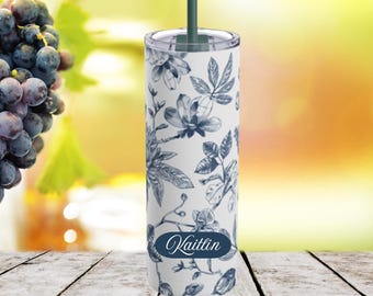 Personlig Chinoiserie-blommig tumbler 20 oz., isolerad blommig resemugg, fransk toile de jouy-design, vintage estetisk dricksglas