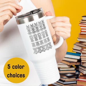 May include: White travel mug with a black and white leaf pattern and a silver lid. The mug has a handle and a straw. The text "5 color choices" is on a yellow circle.