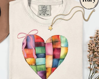 Watercolor Patchwork Heart Coquette T-shirt, Comfort Colors Faux Quilted Valentine's Day