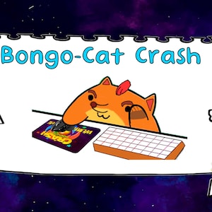 以下が含まれることがあります： 赤いモホークのオレンジ色の漫画の猫が、キーボードと「クラッシュ」と書かれたマウスパッドのある机に座っています。「ボンゴキャットクラッシュ」というテキストが、破れた縁のある白い紙に書かれています。画像は、星のある紫と青の銀河の背景です。
