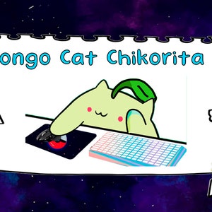 Op de afbeelding: Een groene cartoonkat met een blad op zijn kop zit aan een bureau met een computermuis en een toetsenbord. De kat gebruikt de muis om een ​​videospel te spelen. De tekst "Bongo Cat Chikorita" staat boven de kat. De tekst "INSTANT DOWNLOAD!" staat in een gele cirkel in de rechterbenedenhoek van de afbeelding.