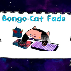 Könnte beinhalten: Eine digitale Illustration einer Katze mit rosa Gesicht und schwarzen Haaren, die ein Keyboard spielt, mit dem Text "Bongo-Cat Fade" darüber. Im Hintergrund befindet sich eine blaue Alienfigur. Das Bild hat einen weißen Hintergrund und einen gelben Stern mit dem Text "INSTANT DOWNLOAD!" in der unteren rechten Ecke.