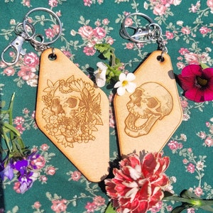 Skull Hotel Keychain / Floral Keychain/ Unique Keychain / Wooden Keychain / Halloween / Keychain Accessories / Skull Aesthetic/