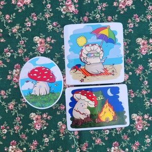 Cute Mushroom Adventure Stickers / Mushroom friend / Mushroom Illustration / Vinyl Mushroom Sticker