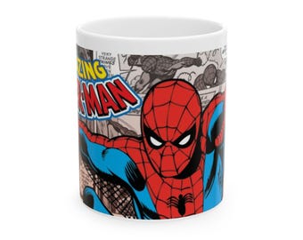 Web-Slinger Comic Mug, Red and Blue Superhero Cup, Gift for Movie Fans, Retro Graphic Coffee Mug, 11oz Ceramic Drinkware