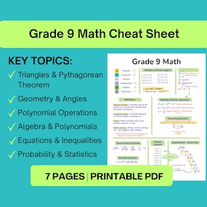 May include: A Grade 9 Math Cheat Sheet digital document featuring a list of key topics including Triangles and Pythagorean Theorem, Geometry and Angles, Polynomial Operations, Algebra, Equations, and Probability. It is a 7-page printable PDF.