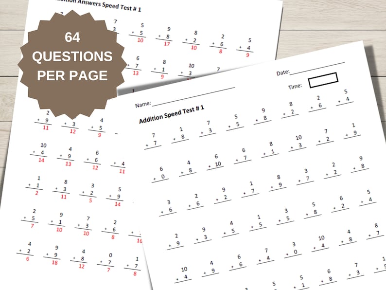 Speed Math Addirtion Grade 1 Math Addition Worksheets: Speed Test Practice (printable) - Etsy
