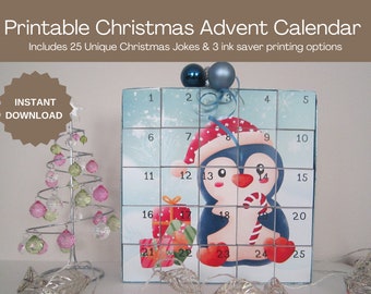 DIY 25 Days Christmas Penguin Advent Countdown Calendar Boxes w/ Xmas Jokes. Printable Christmas Craft Décor. Flatten for Easy Storage PDF