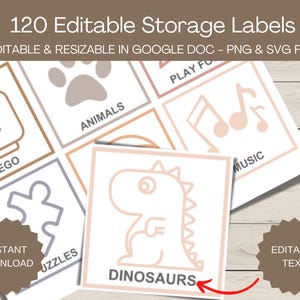 Puede incluir: Un conjunto de 120 etiquetas de almacenamiento imprimibles con varios iconos y el texto "LEGO", "ANIMALES", "JUGAR", "DINOSAURIOS", "MÚSICA", "JZZLES". Las etiquetas son editables y redimensionables en Google Docs. El texto "DESCARGA INSTANTÁNEA" y "TEXTO EDITABLE" también es visible.