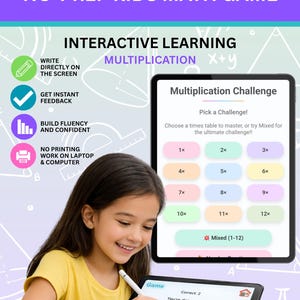 May include: A digital maths game for kids featuring a tablet screen displaying a Multiplication Challenge menu with options from 1x to 12x and a Mixed mode. The interface includes text prompts for interactive learning, feedback, and fluency building.