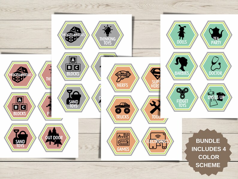 42 Hexagon Toy Storage Labels. Playroom Organization Labels. 4 Colors