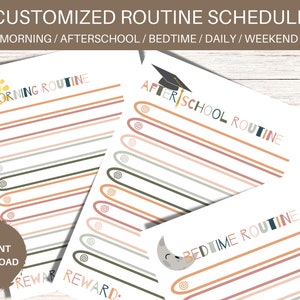 May include: Printable routine schedule with three sections: morning, after school, and bedtime. Each section has a colorful illustration and lines for writing tasks. The text "INSTANT DOWNLOAD" is in a brown circle at the bottom left.