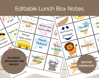 60 Kids Lunch Box Notes: Positive Affirmations, Editable Printable (Digital File)