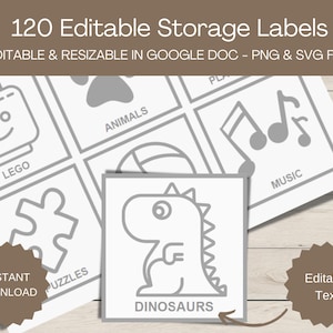 Etiquetas editables para almacenamiento de juguetes. 120 etiquetas de organización de sala de juegos. Diseño minimalista. Sala de juegos imprimible. Etiqueta de sala de juegos editable en Google Doc.
