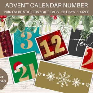 Printable Christmas Advent Count down Calendar Gift Tags or Stickers. Colorful or Elegant Christmas 1 to 25 Number Digital Download.