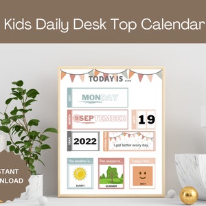 Calendrier quotidien pour enfants. Planificateur de calendrier de bureau pour enfants. Affirmation quotidienne. Météo. Saisons. Sentiments. Imprimable. PDF