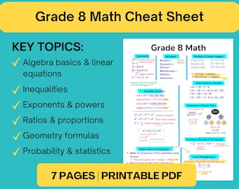 May include: A Grade 8 Math Cheat Sheet printable PDF featuring a teal background with yellow text boxes. The document lists key topics including algebra, inequalities, exponents, ratios, geometry, and statistics, alongside a detailed math reference page.