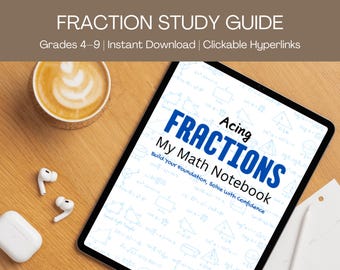 May include: A digital tablet displaying a blue and white graphic for a math study guide titled "Acing Fractions My Math Notebook". The text on the tablet reads "Build Your Foundation, Solve with Confidence".
