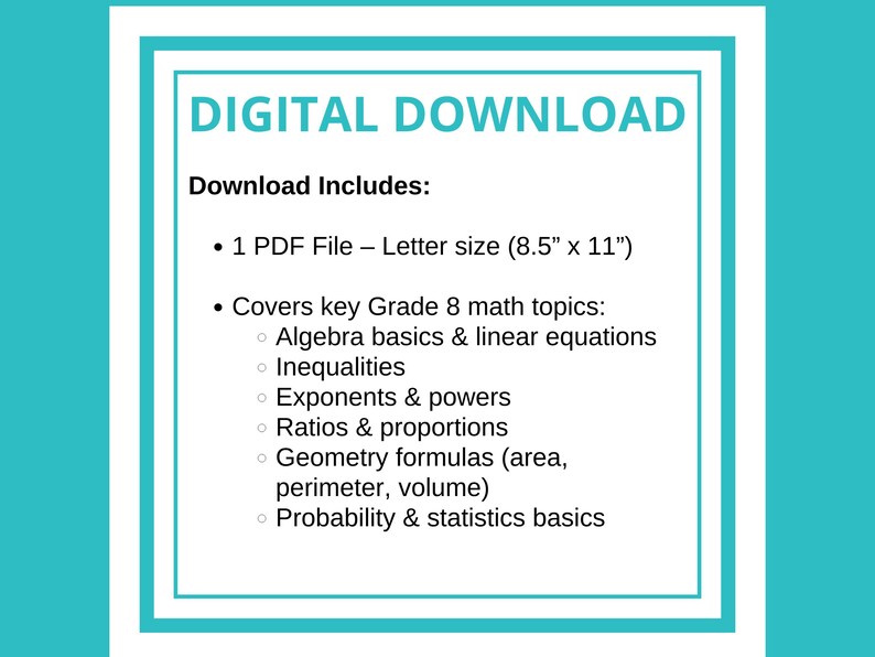 Grade 8 Math Cheat Sheet: Algebra, Geometry, Exponents (PDF Printable ...