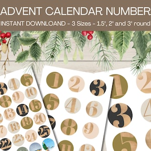Printable Advent Calendar Stickers - 1 to 25 Days Christmas Countdown - Elegant Design - Round Instant Download - 1.5, 2 & 3 Inch Stickers