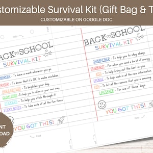 Back To School Survival Kit: Customizable Gift Bag & Tag (Digital Download)